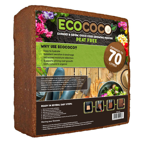 EcoCoco Organic Peat Free Coco Coir Compost Block - Expands to 70 Litres